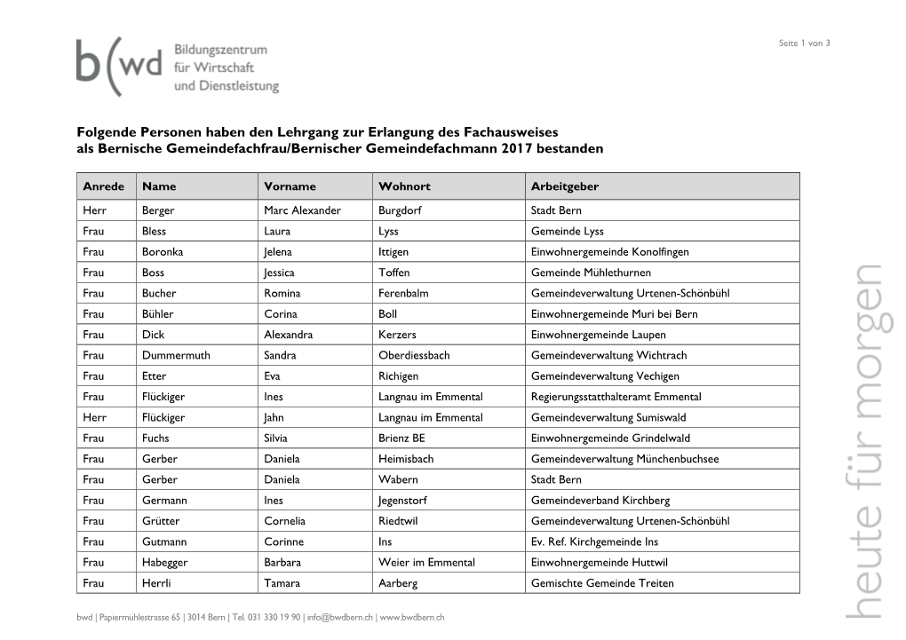 Folgende Personen Haben Den Lehrgang Zur Erlangung Des Fachausweises Als Bernische Gemeindefachfrau/Bernischer Gemeindefachmann 2017 Bestanden