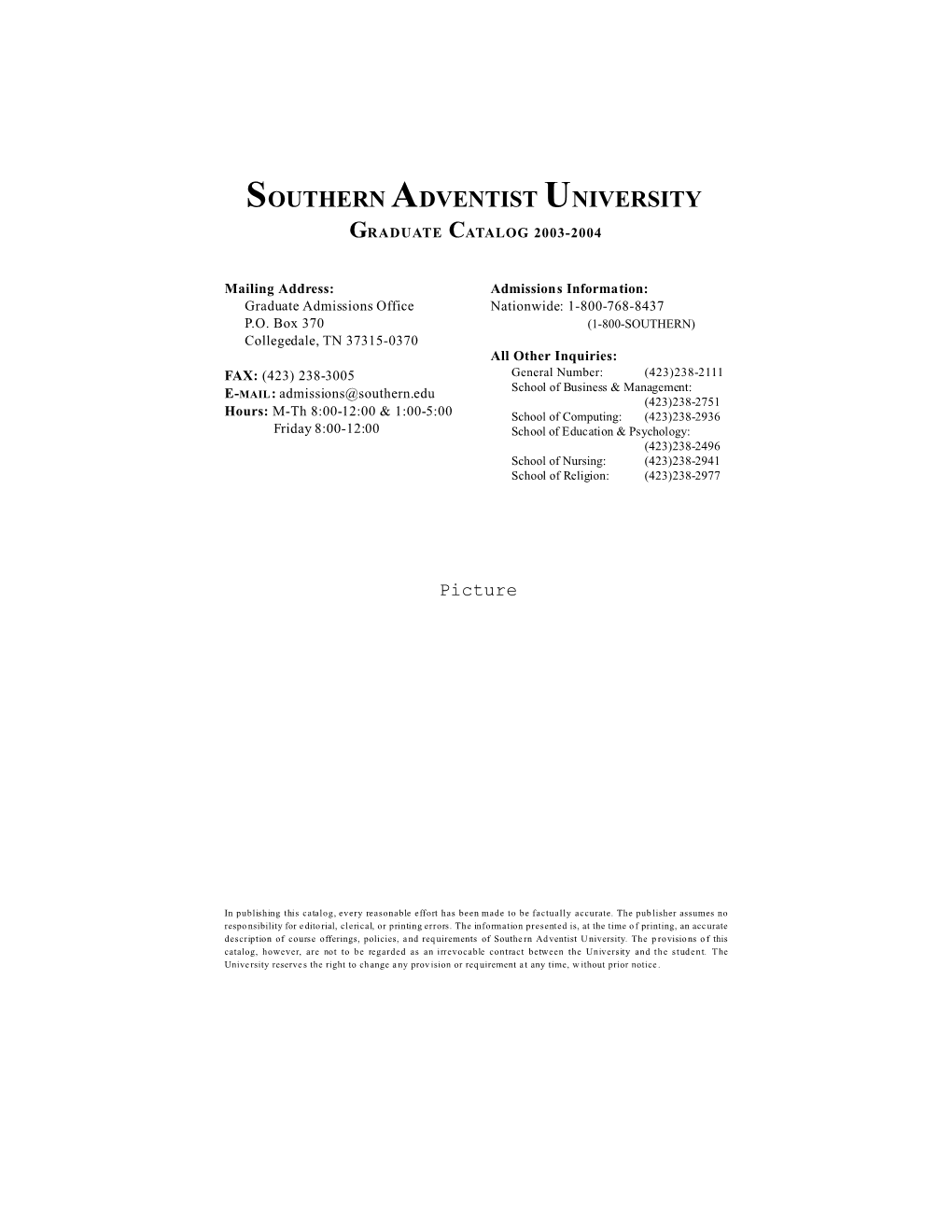 Southern Adventist University Graduate Catalog 2003-2004