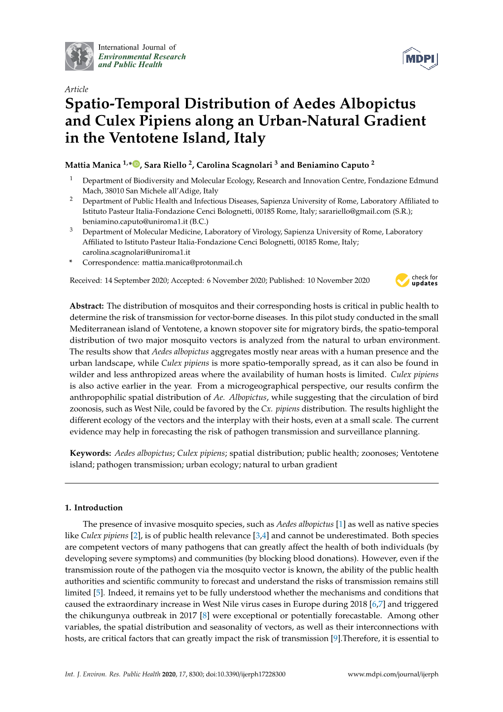 Spatio-Temporal Distribution of Aedes Albopictus and Culex Pipiens Along an Urban-Natural Gradient in the Ventotene Island, Italy