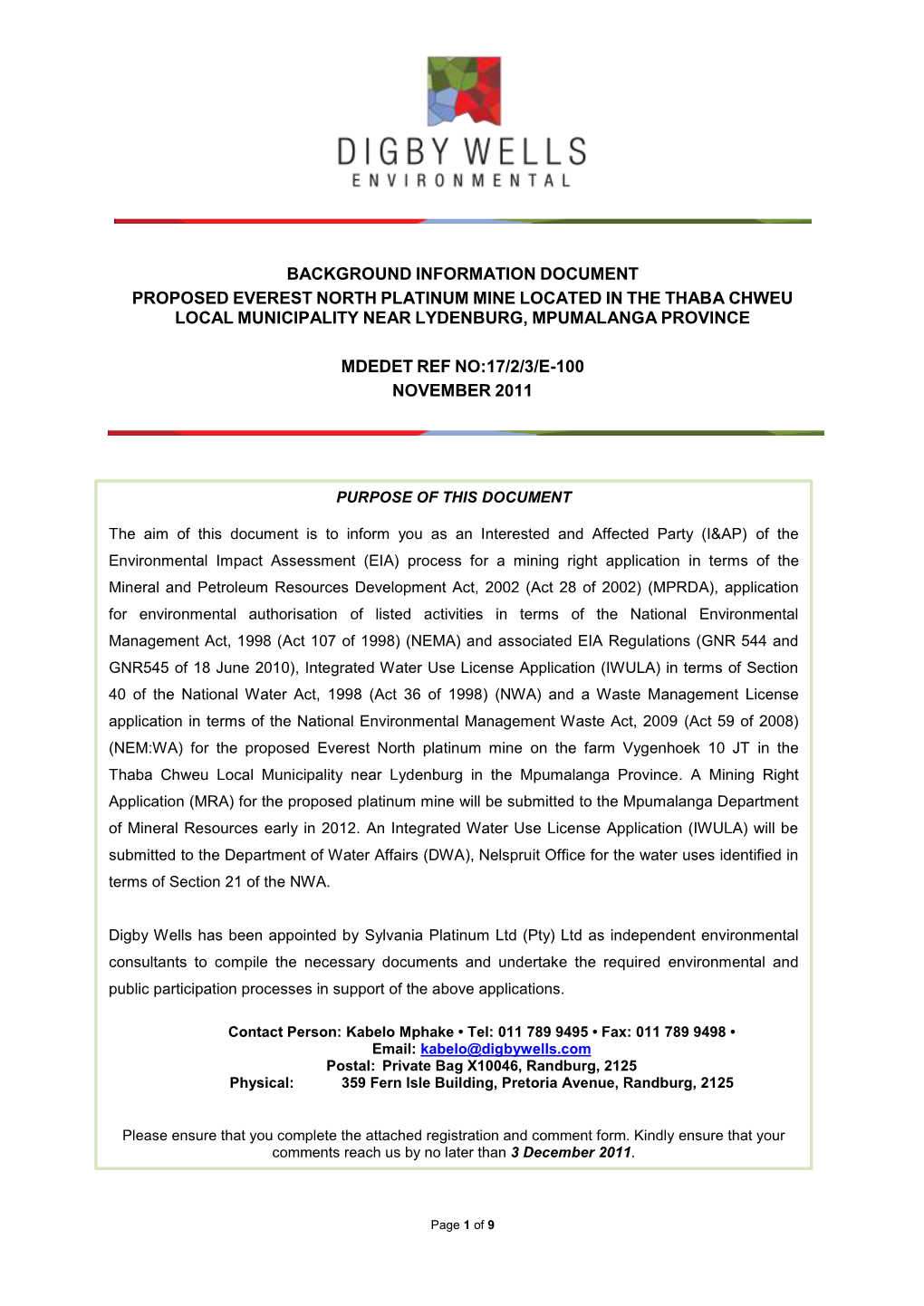 Background Information Document Proposed Everest North Platinum Mine Located in the Thaba Chweu Local Municipality Near Lydenburg, Mpumalanga Province