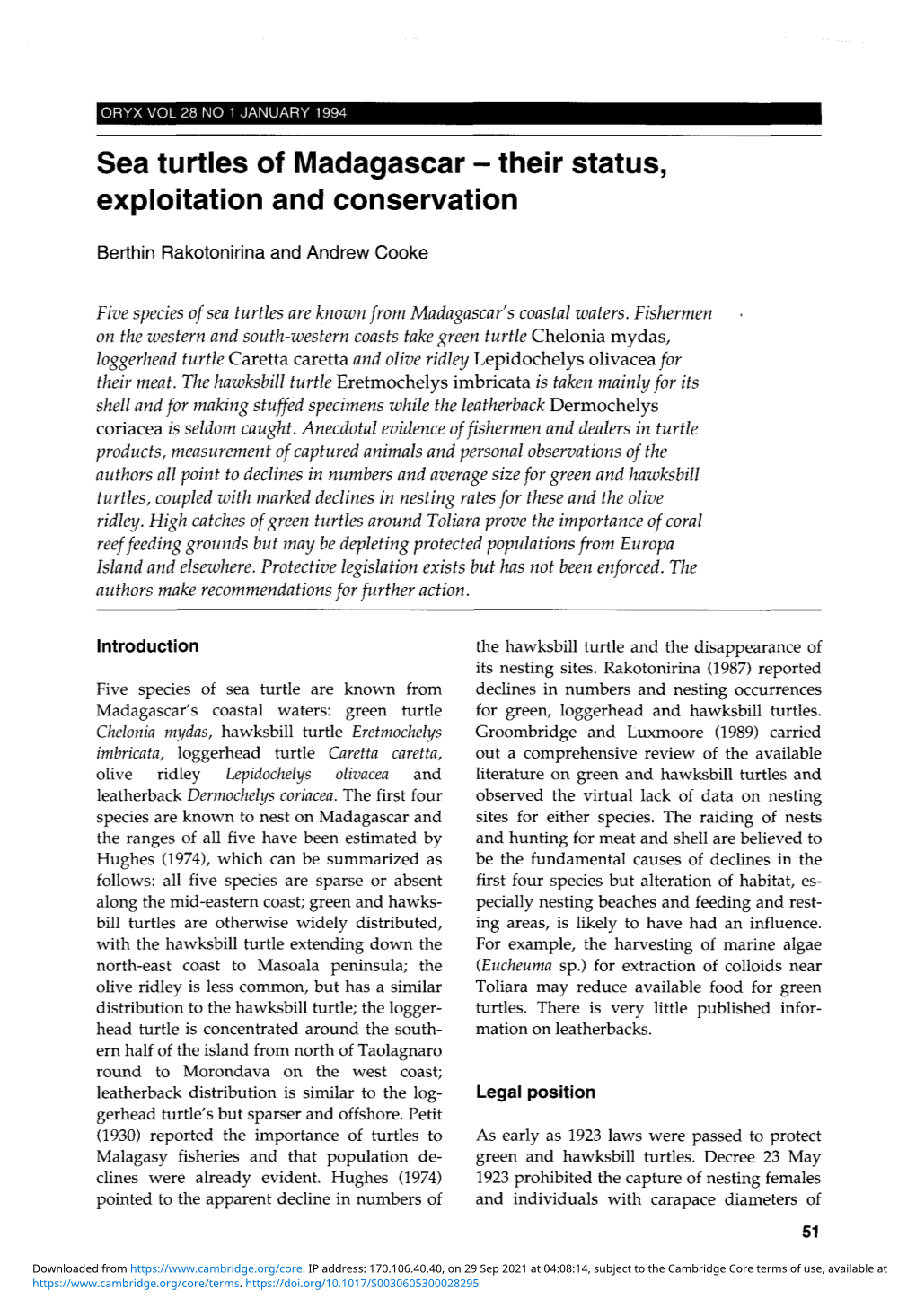 Sea Turtles of Madagascar - Their Status, Exploitation and Conservation