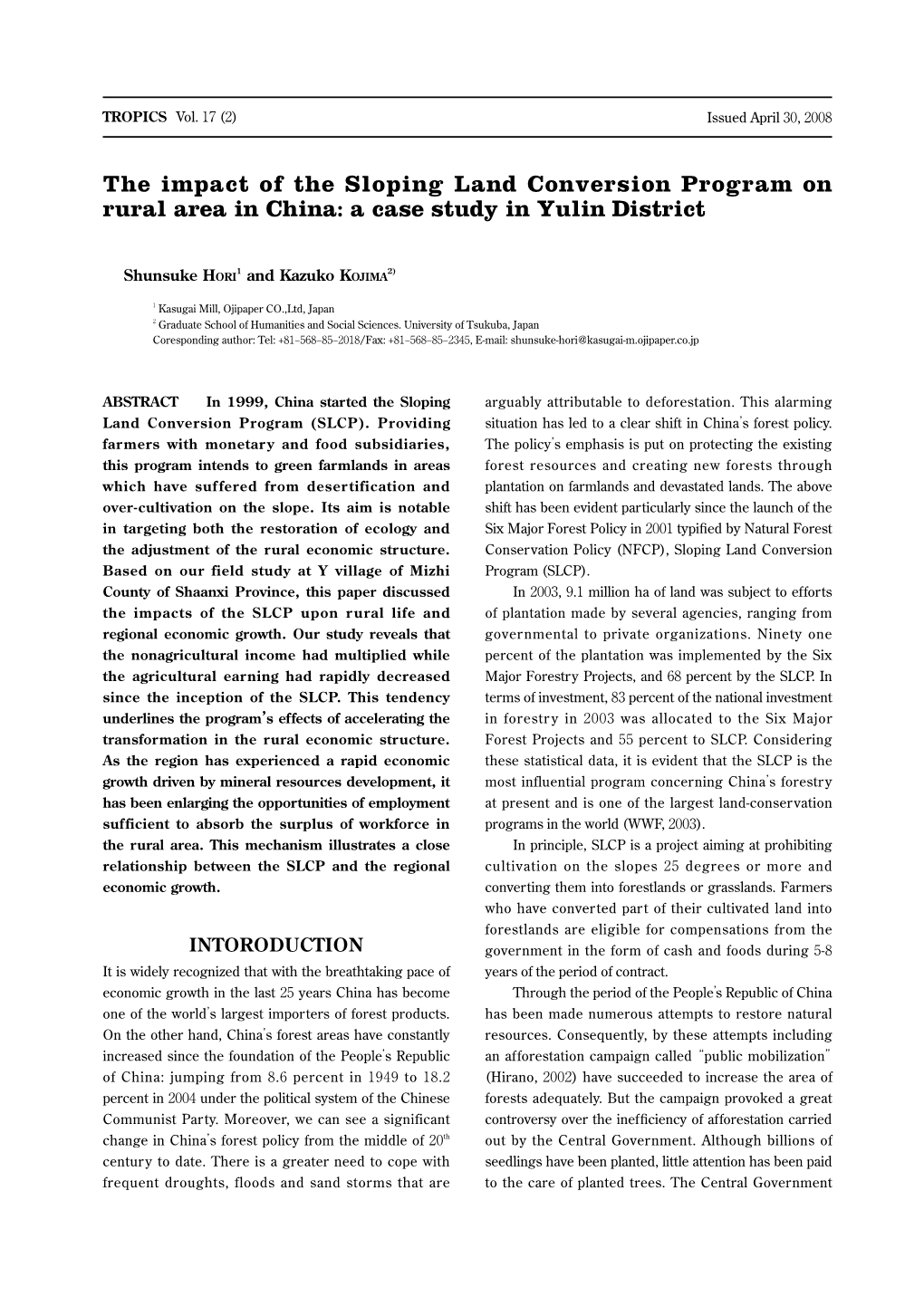 The Impact of the Sloping Land Conversion Program on Rural Area in China: a Case Study in Yulin District