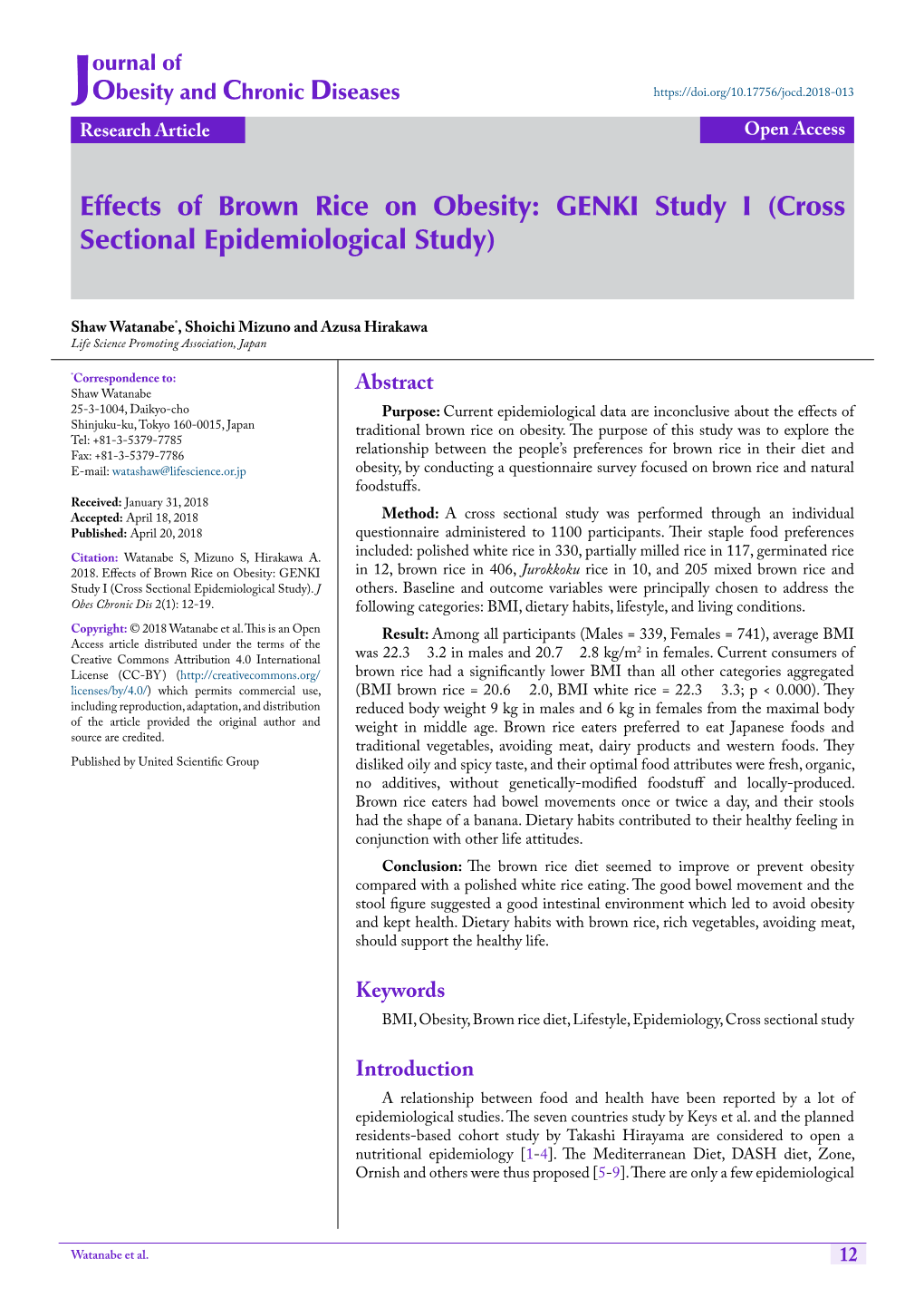 Effects of Brown Rice on Obesity: GENKI Study I (Cross Sectional Epidemiological Study)