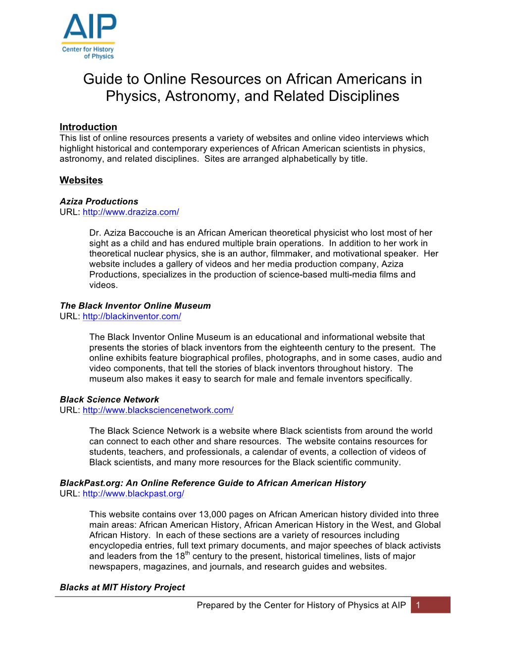 Guide to Online Resources on African Americans in Physics, Astronomy, and Related Disciplines