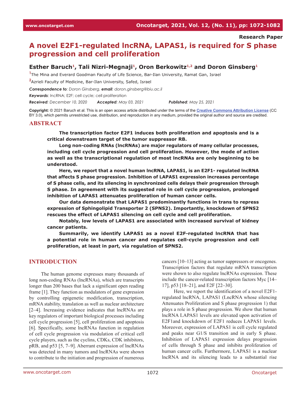 A Novel E2F1-Regulated Lncrna, LAPAS1, Is Required for S Phase Progression and Cell Proliferation