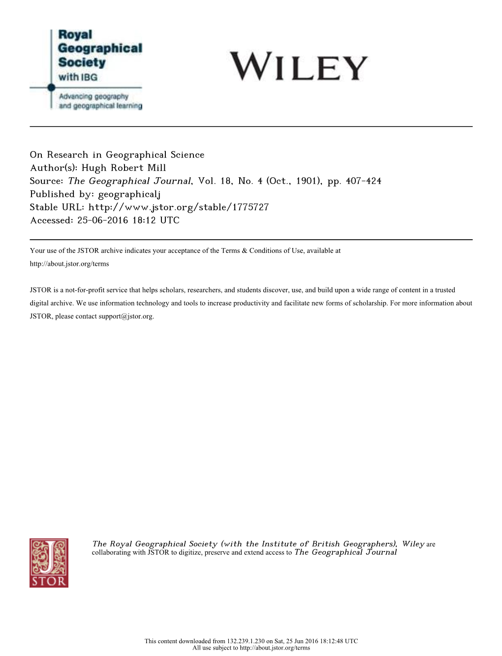 On Research in Geographical Science Author(S): Hugh Robert Mill Source: the Geographical Journal, Vol