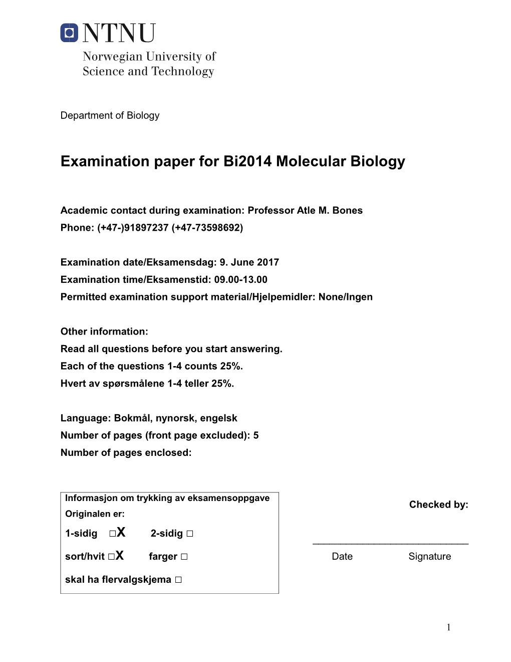 BI2014 Molekylærbiologi