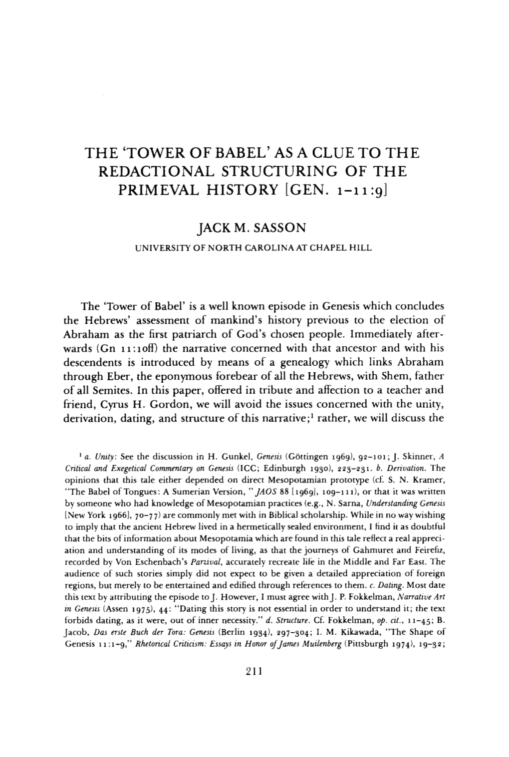 The 'Tower of Babel' As a Clue to the Redactional Structuring of the Primeval History [Gen