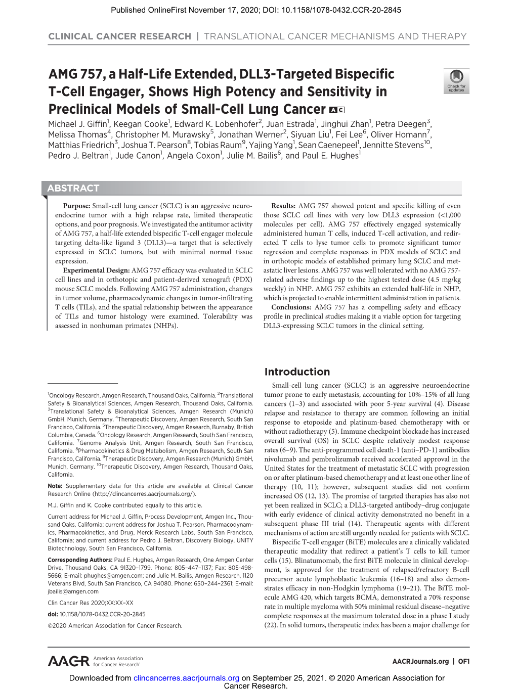 AMG 757, a Half-Life Extended, DLL3-Targeted Bispecific T-Cell Engager, Shows High Potency and Sensitivity in Preclinical Models of Small-Cell Lung Cancer