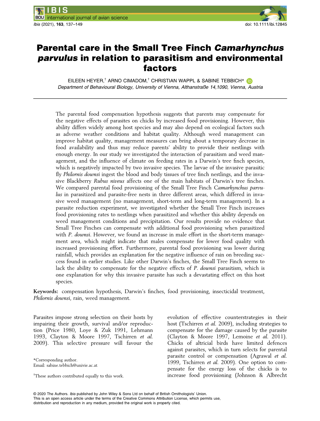 Parental Care in the Small Tree Finch Camarhynchus Parvulus in Relation to Parasitism and Environmental Factors