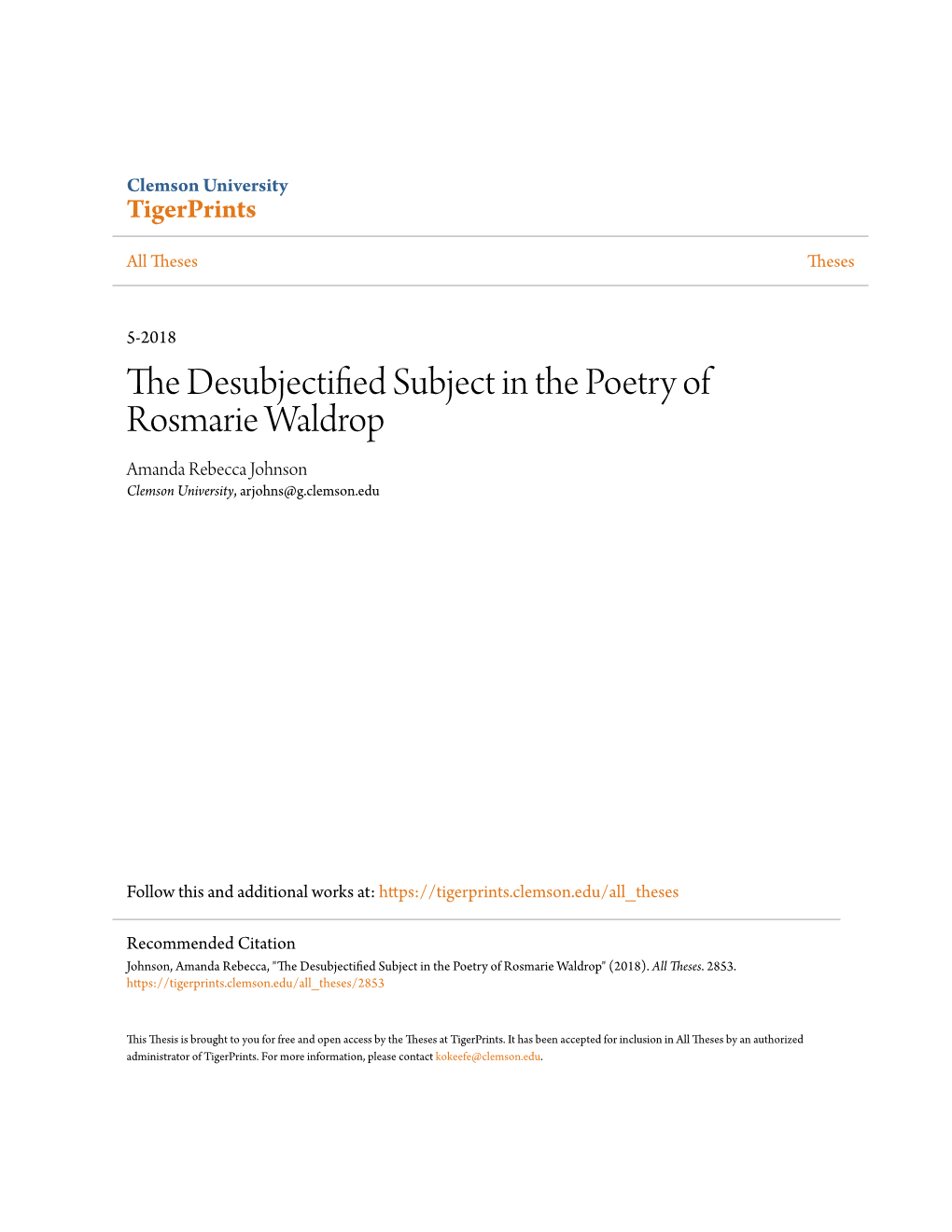 The Desubjectified Subject in the Poetry of Rosmarie Waldrop