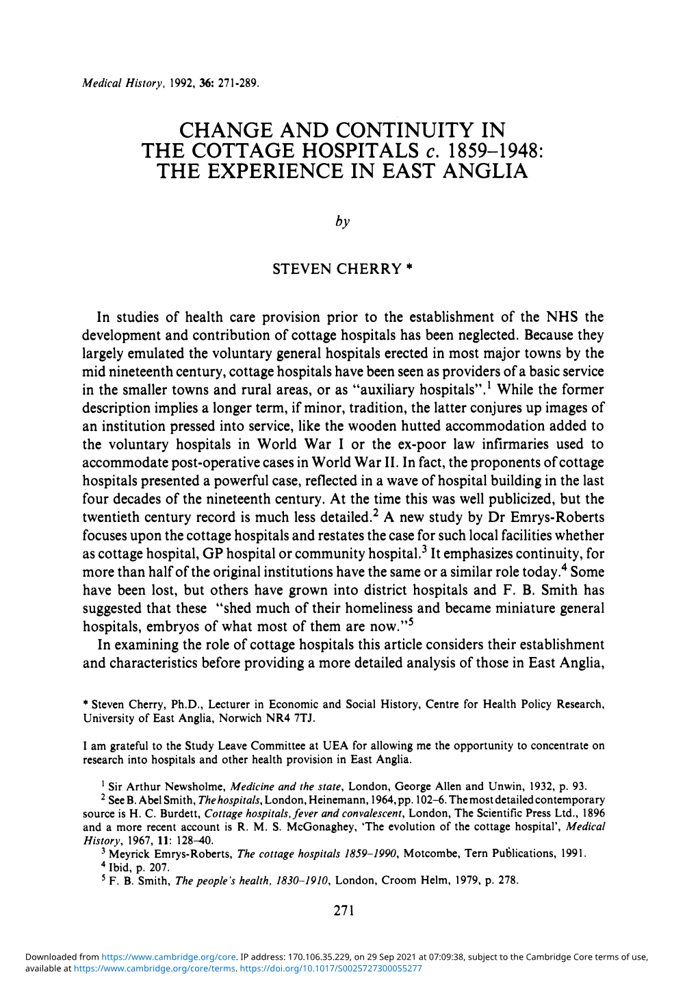 CHANGE and CONTINUITY in the COTTAGE HOSPITALS C. 1859-1948: the EXPERIENCE in EAST ANGLIA