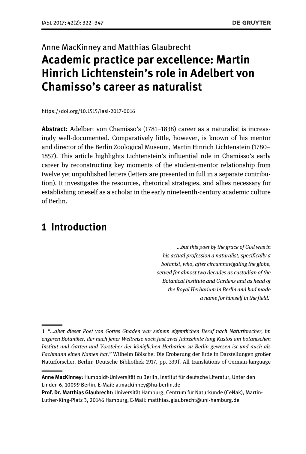 Martin Hinrich Lichtenstein’S Role in Adelbert Von Chamisso’S Career As Naturalist