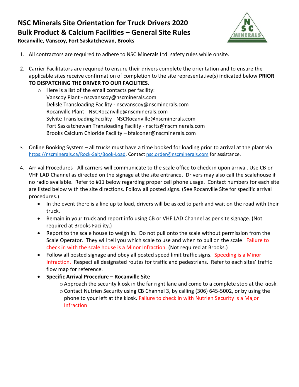 NSC Minerals Site Orientation for Truck Drivers 2020 Bulk Product & Calcium Facilities – General Site Rules Rocanville, Vanscoy, Fort Saskatchewan, Brooks