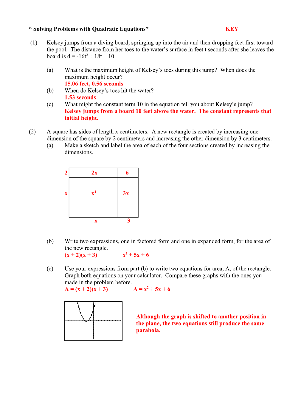 Examples for Problem Solving with Quadratic Equations