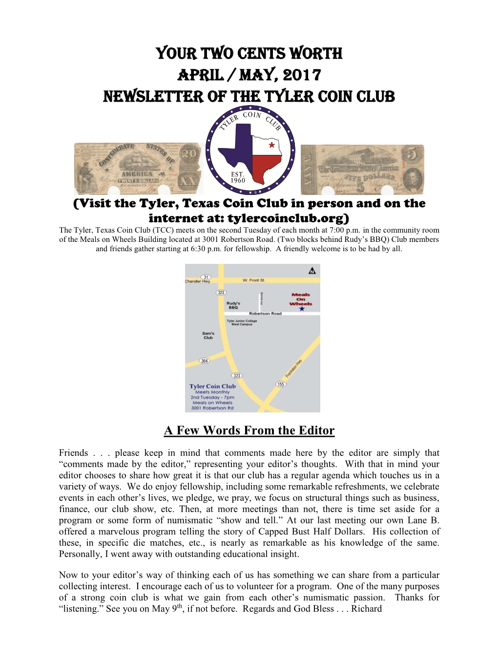 Your Two Cents Worth APRIL / May, 2017 Newsletter of the Tyler Coin Club