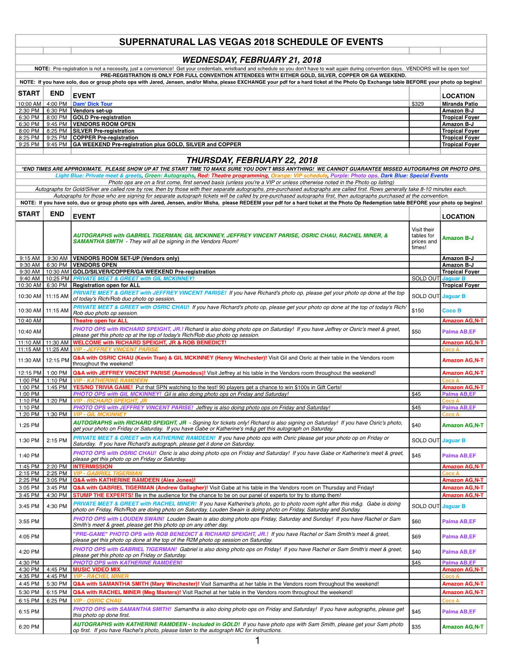 Supernatural Las Vegas 2018 Schedule of Events