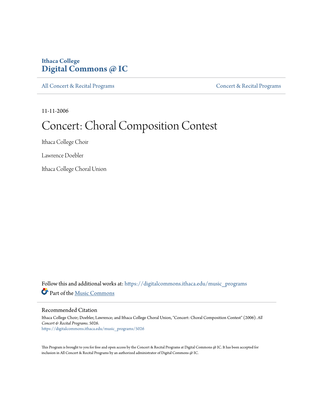 Concert: Choral Composition Contest Ithaca College Choir