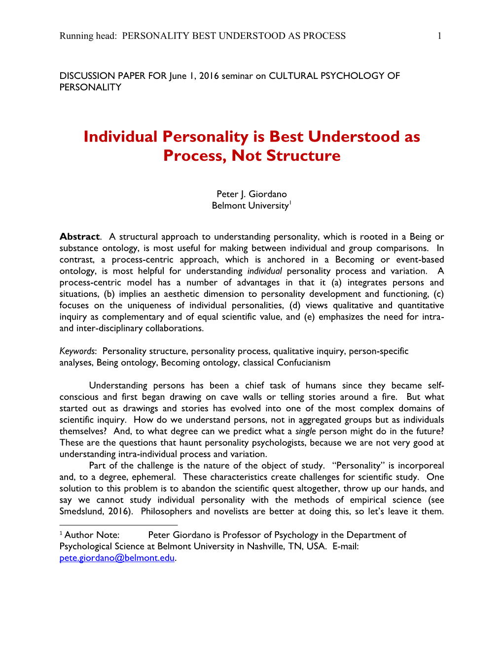 Individual Personality Is Best Understood As Process, Not Structure