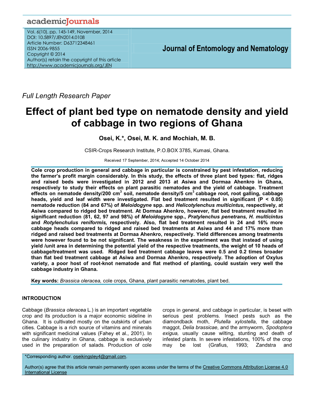 Effect of Plant Bed Type on Nematode Density and Yield of Cabbage in Two Regions of Ghana
