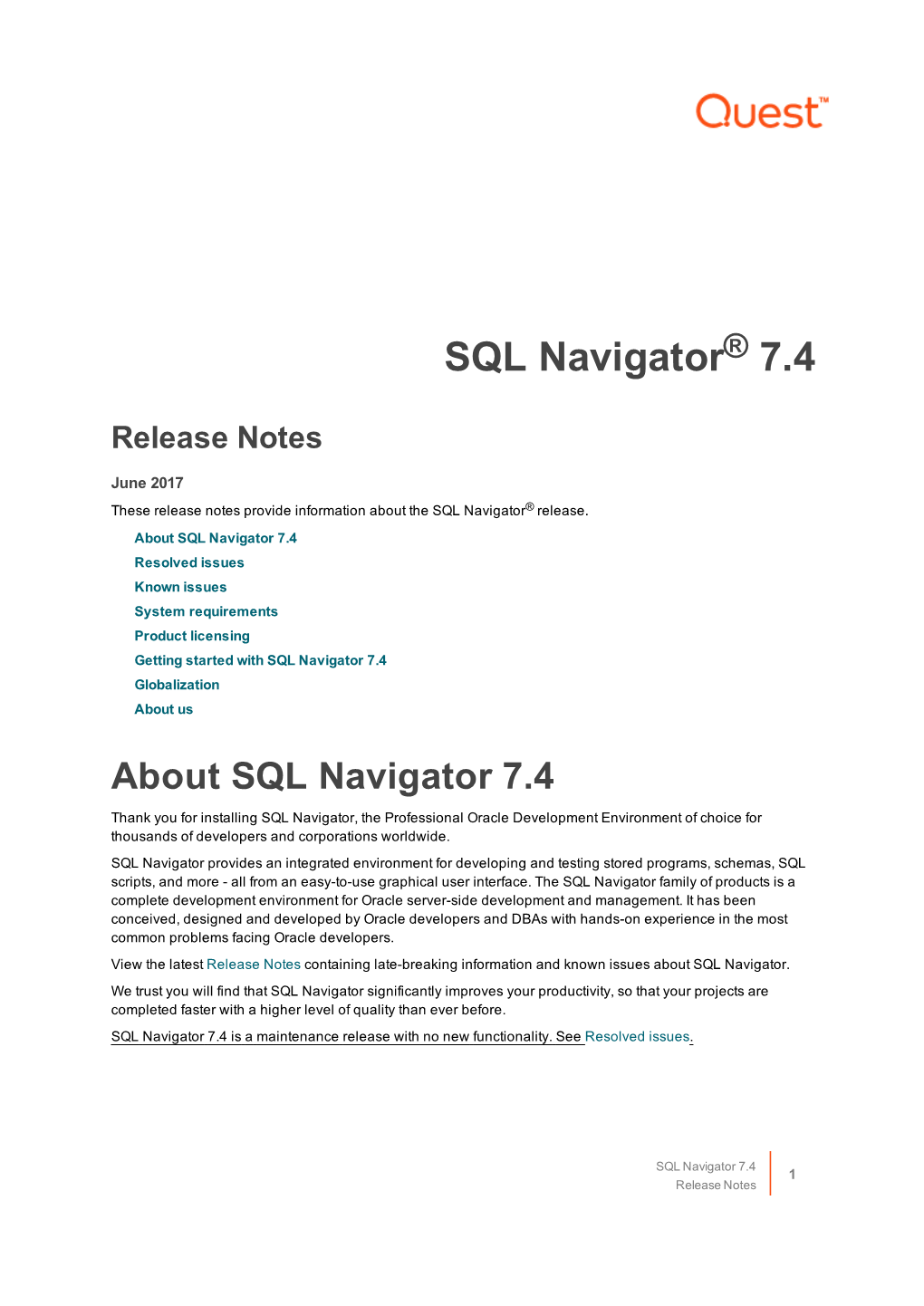 SQL Navigator ® 7.4 Release Notes