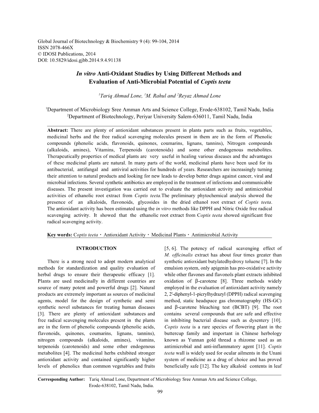 In Vitro Anti-Oxidant Studies by Using Different Methods and Evaluation of Anti-Microbial Potential of Coptis Teeta