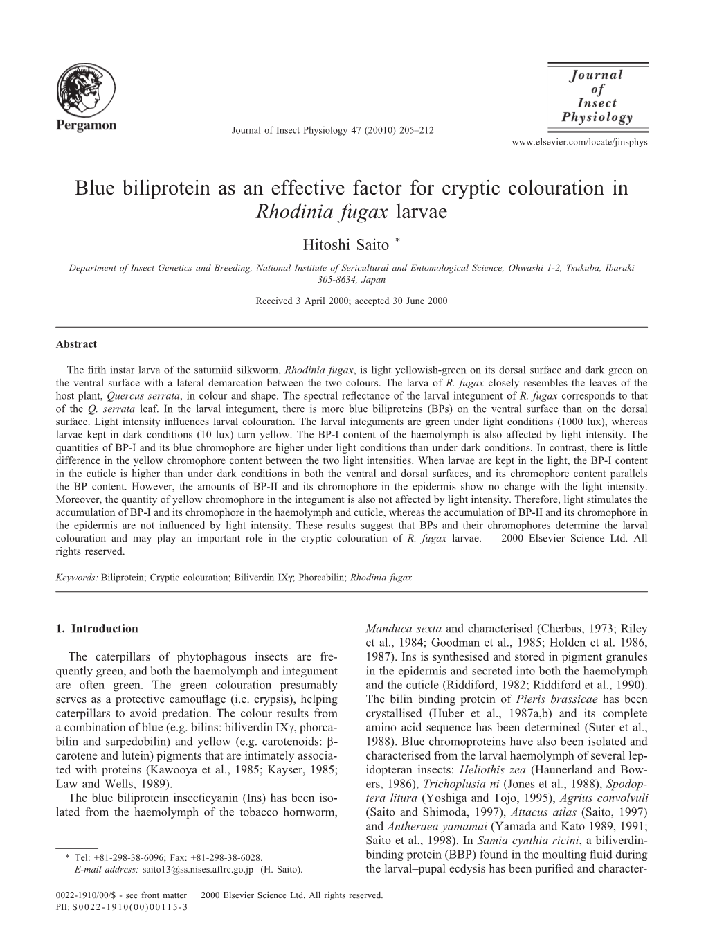 Blue Biliprotein As an Effective Factor for Cryptic Colouration in Rhodinia