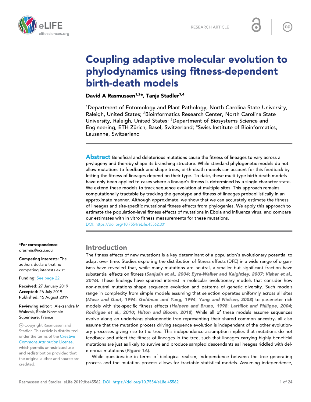 Coupling Adaptive Molecular Evolution to Phylodynamics Using Fitness-Dependent Birth-Death Models David a Rasmussen1,2*, Tanja Stadler3,4