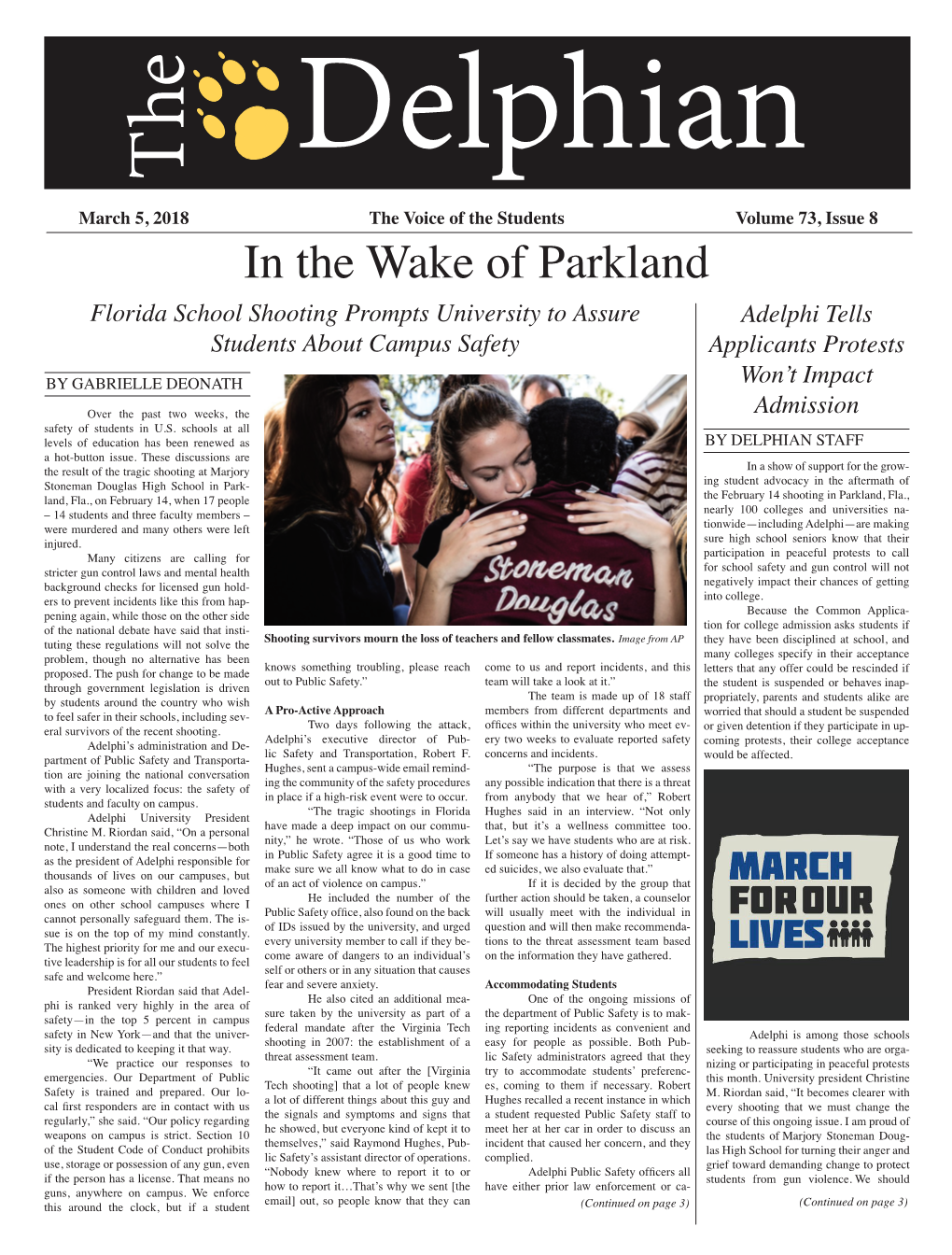 In the Wake of Parkland Florida School Shooting Prompts University to Assure Adelphi Tells Students About Campus Safety Applicants Protests