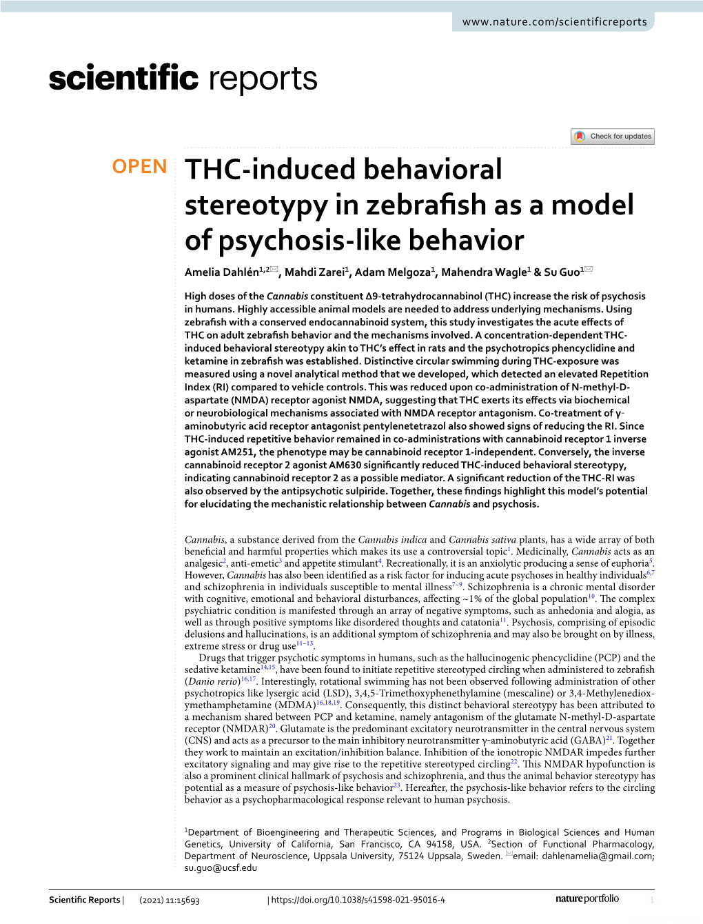 THC-Induced Behavioral Stereotypy in Zebrafish As a Model of Psychosis