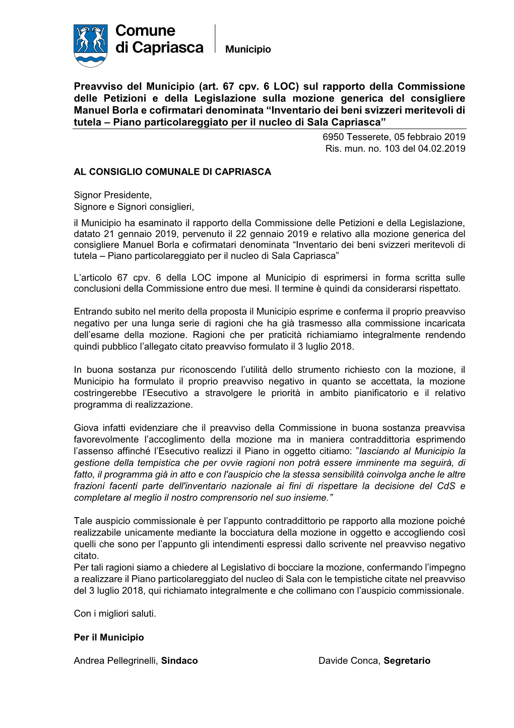 Preavviso Del Municipio (Art. 67 Cpv. 6 LOC) Sul