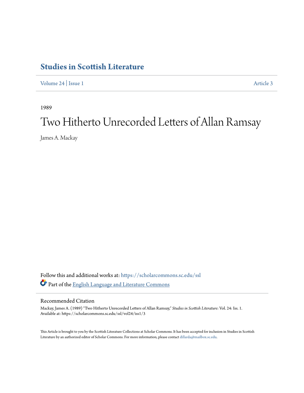 Two Hitherto Unrecorded Letters of Allan Ramsay James A