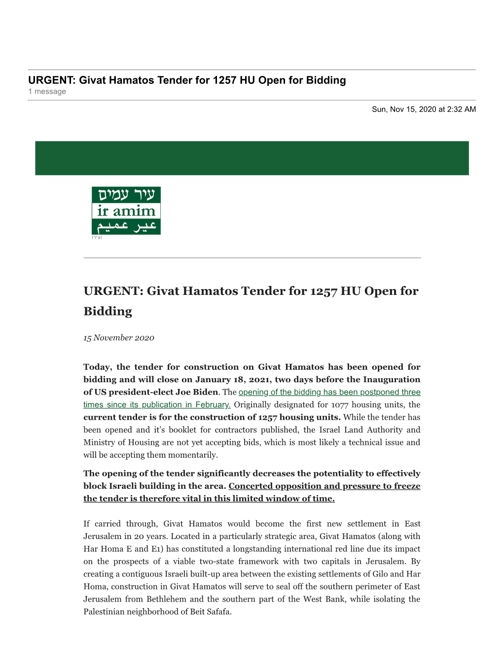 URGENT: Givat Hamatos Tender for 1257 HU Open for Bidding 1 Message