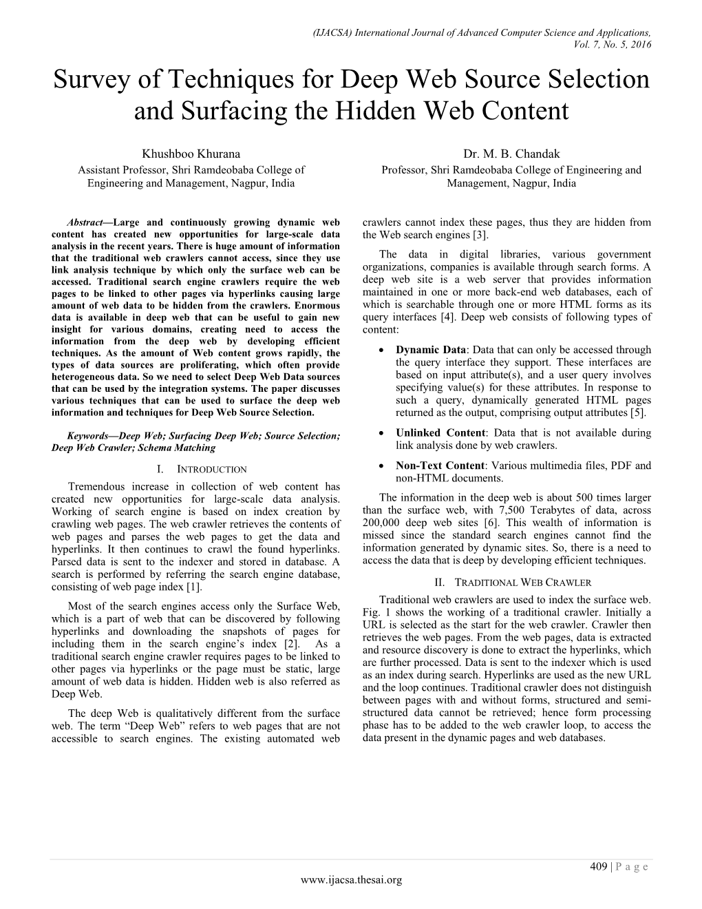 Survey of Techniques for Deep Web Source Selection and Surfacing the Hidden Web Content