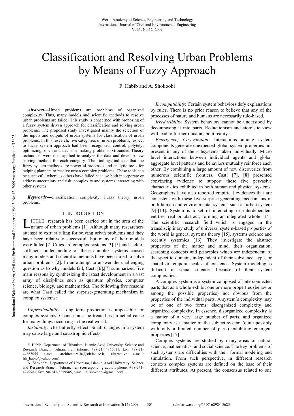 Classification and Resolving Urban Problems by Means of Fuzzy Approach