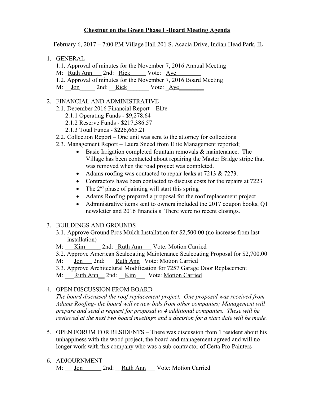 Chestnut on the Green Phase I -Board Meeting Agenda