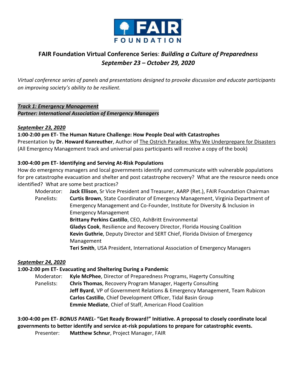 FAIR Foundation Virtual Conference Series: Building a Culture of Preparedness September 23 – October 29, 2020