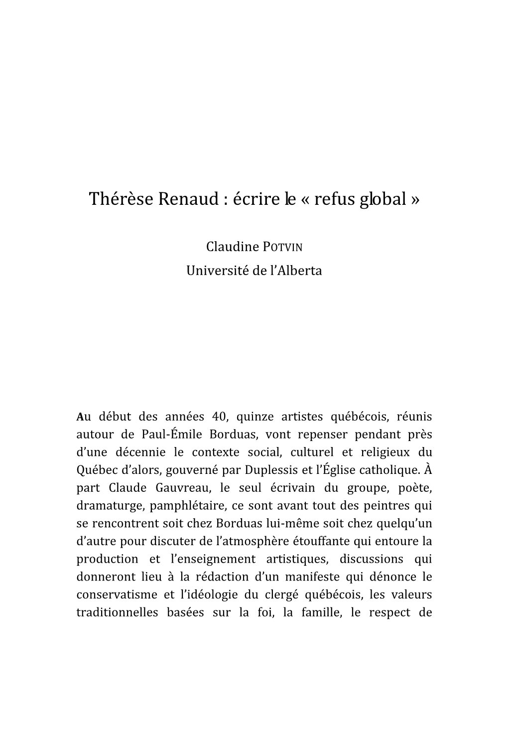 Thérèse Renaud : Écrire Le « Refus Global »