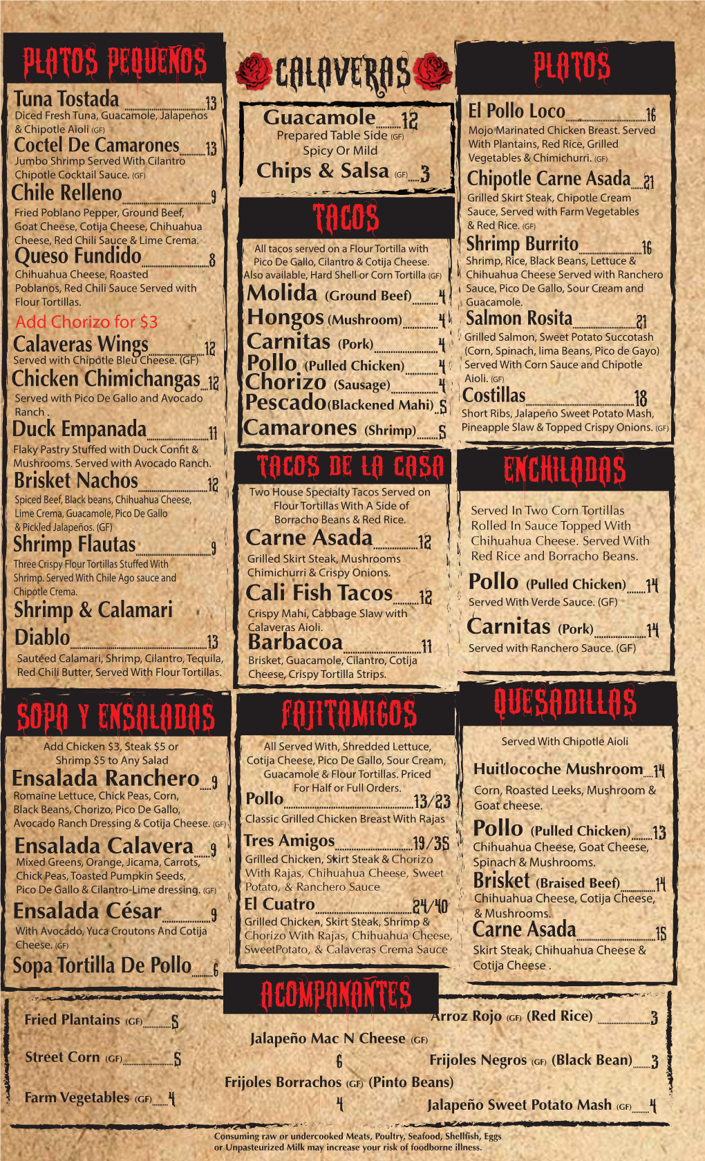 Calaveras Dinner Menu 5-1-15 with Back Ground