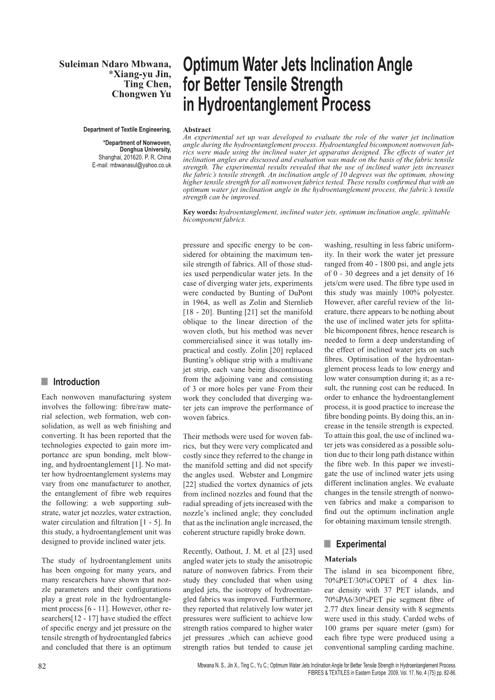 Optimum Water Jets Inclination Angle for Better Tensile Strength in Hydroentanglement Process