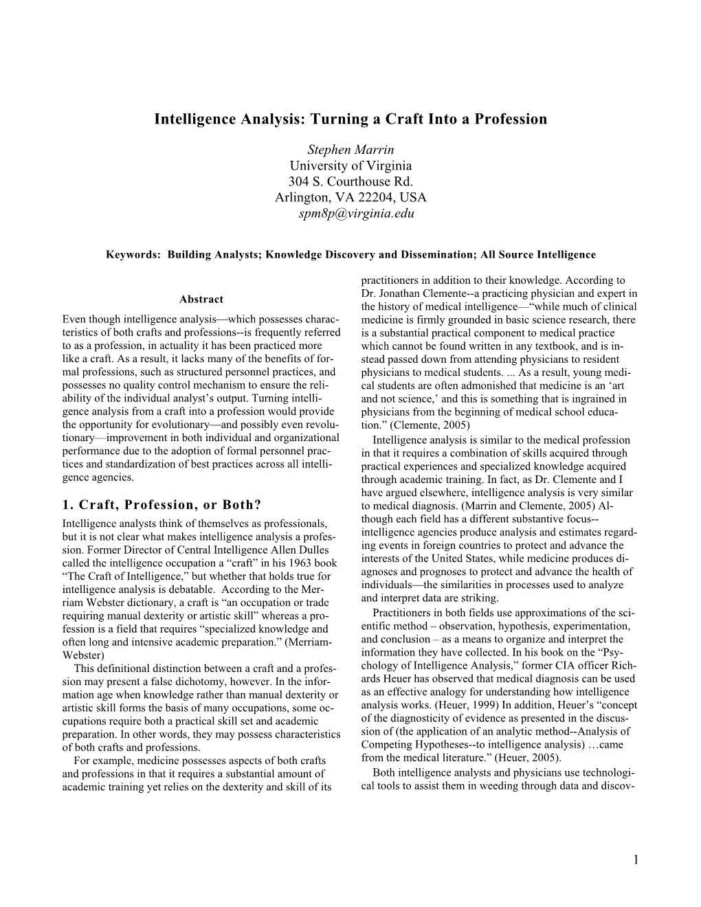 Intelligence Analysis: Turning a Craft Into a Profession