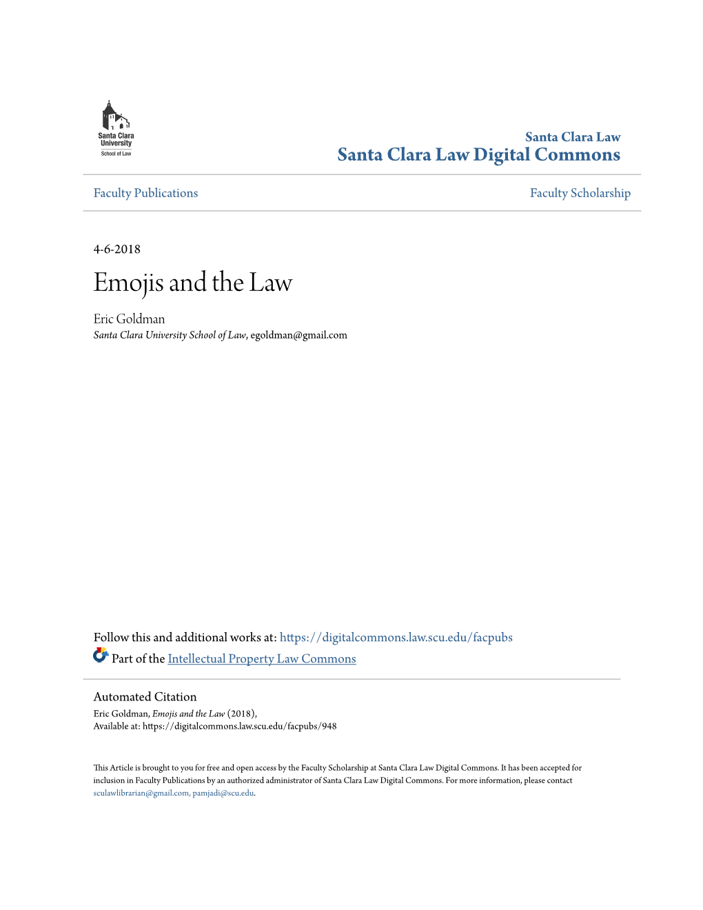 Emojis and the Law Eric Goldman Santa Clara University School of Law, Egoldman@Gmail.Com