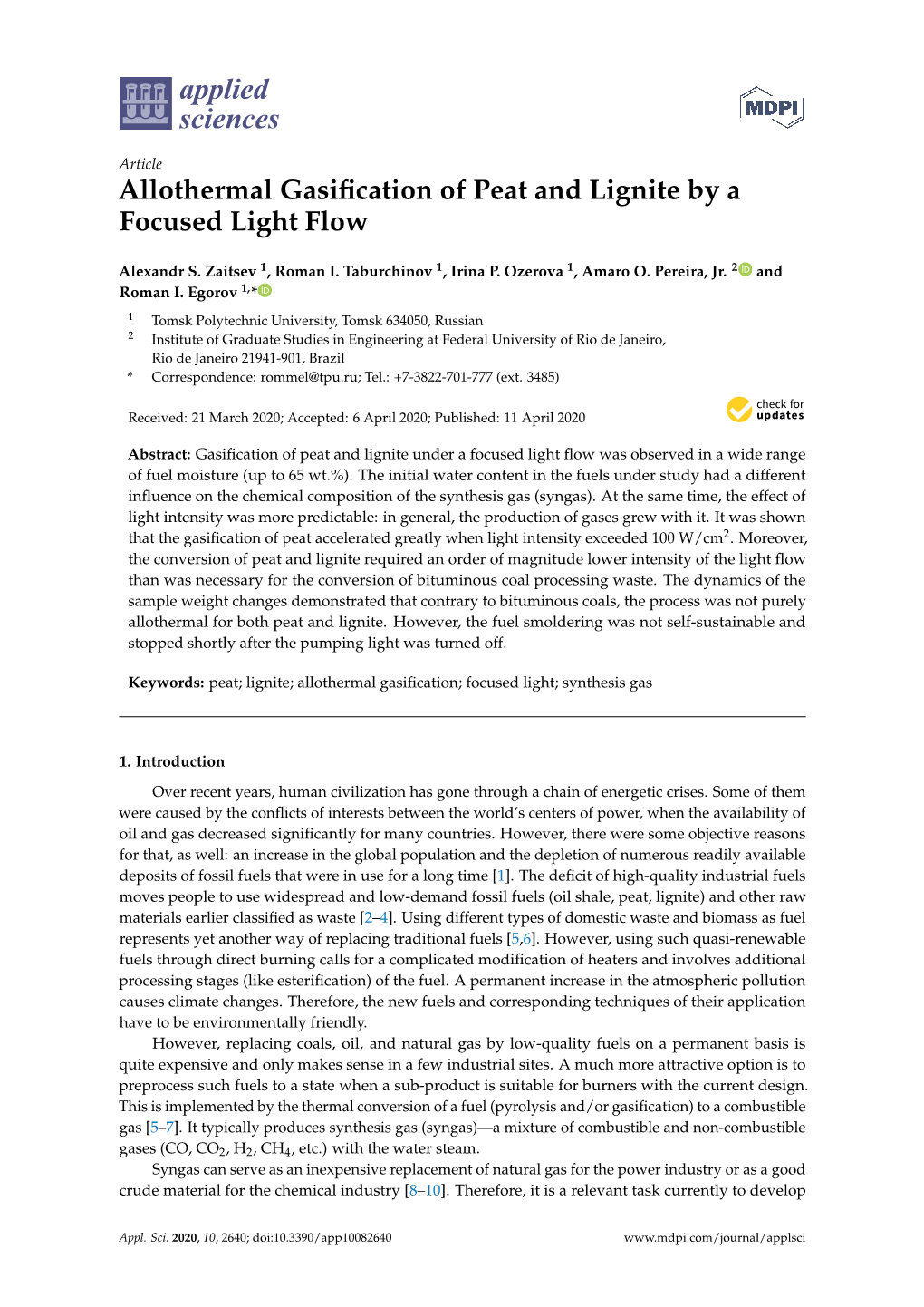 Allothermal Gasification of Peat and Lignite by a Focused Light Flow