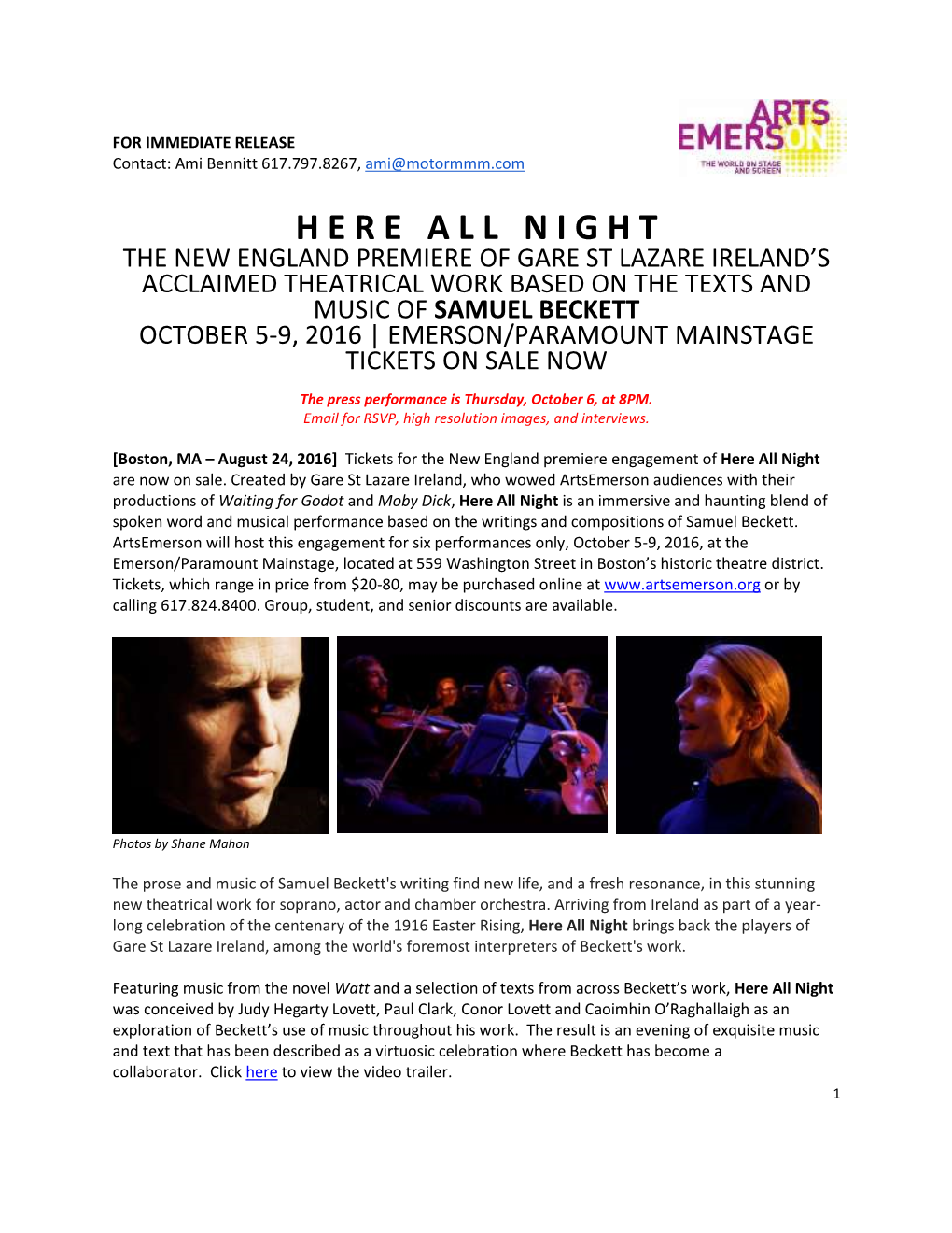 Samuel Beckett October 5-9, 2016 | Emerson/Paramount Mainstage Tickets on Sale Now