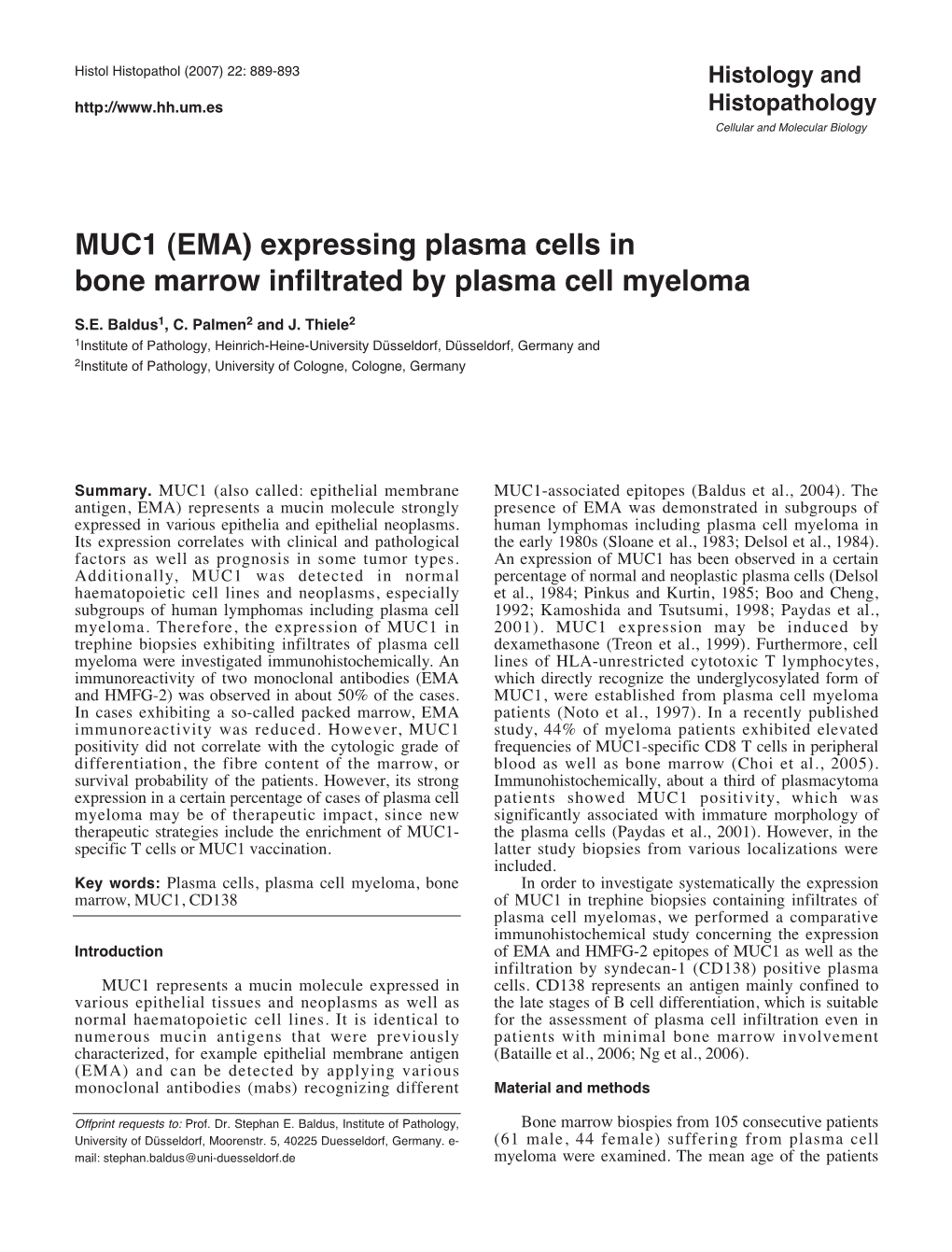 MUC1 (EMA) Expressing Plasma Cells in Bone Marrow Infiltrated by Plasma Cell Myeloma S.E