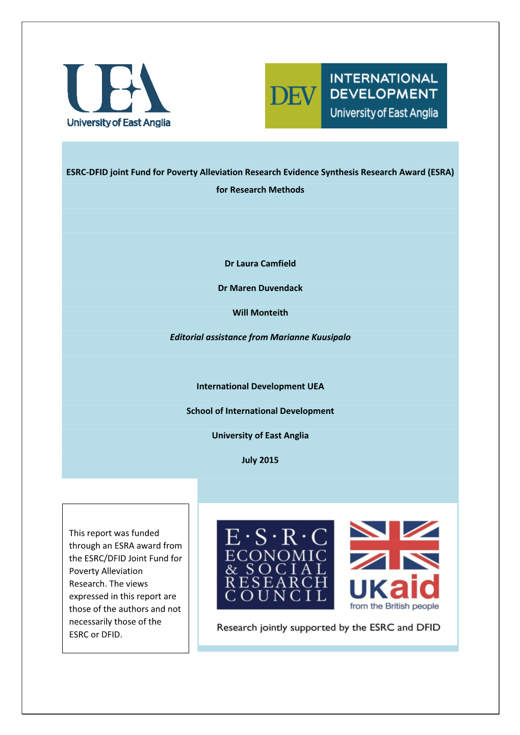 ESRC-DFID Joint Fund for Poverty Alleviation Research Evidence Synthesis Research Award (ESRA) for Research Methods