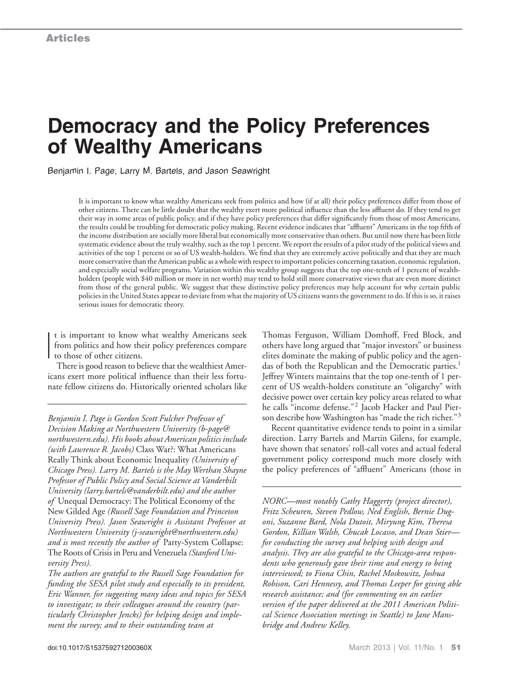 Democracy and the Policy Preferences of Wealthy Americans