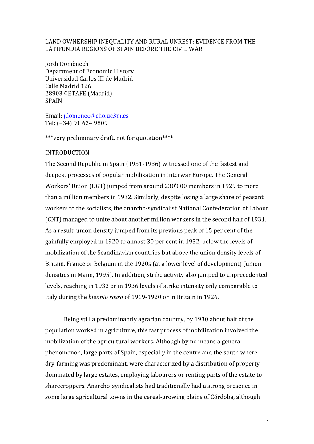 Land Ownership Inequality and Rural Unrest: Evidence from the Latifundia Regions of Spain