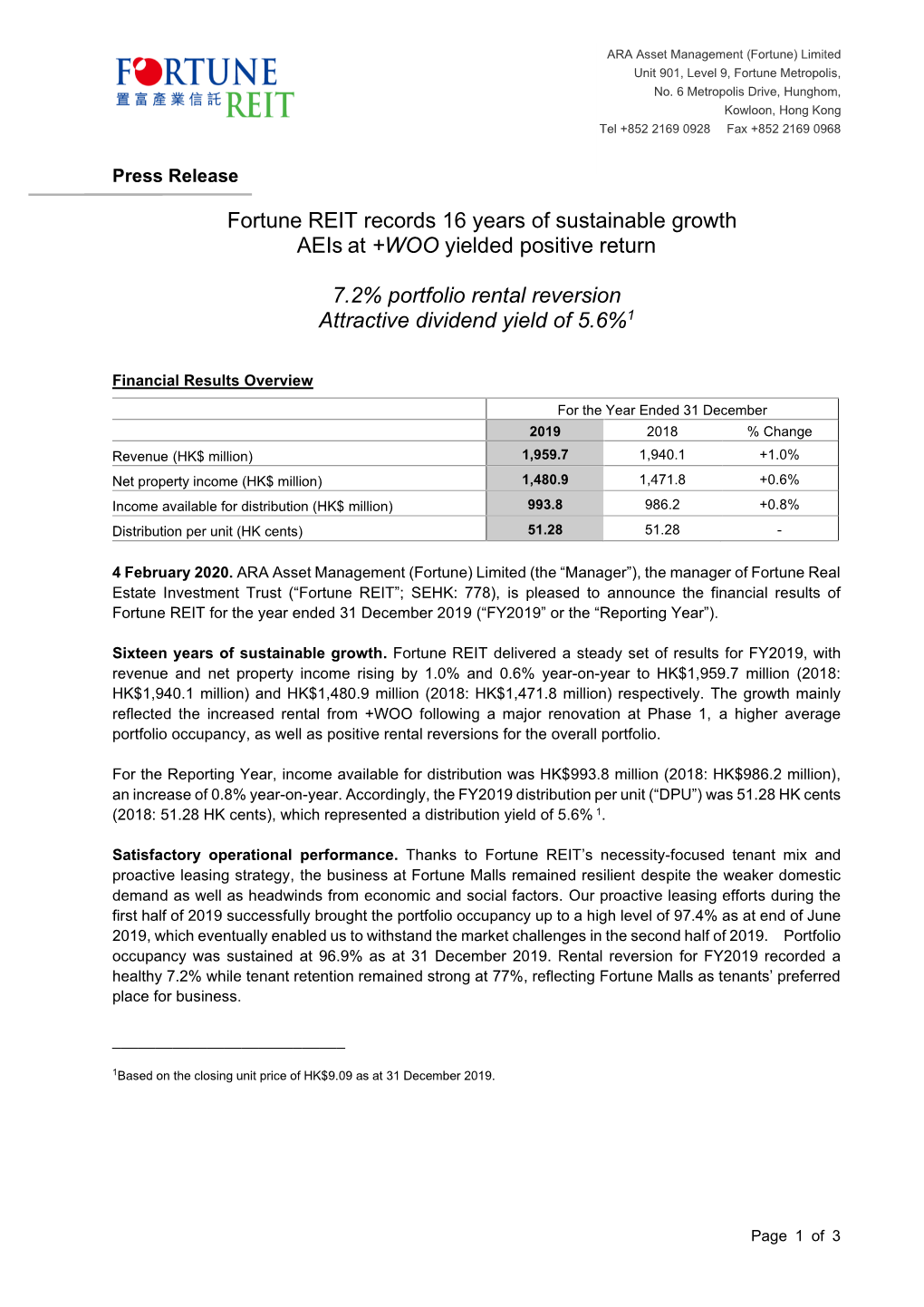 Fortune REIT Records 16 Years of Sustainable Growth Aeis at +WOO Yielded Positive Return