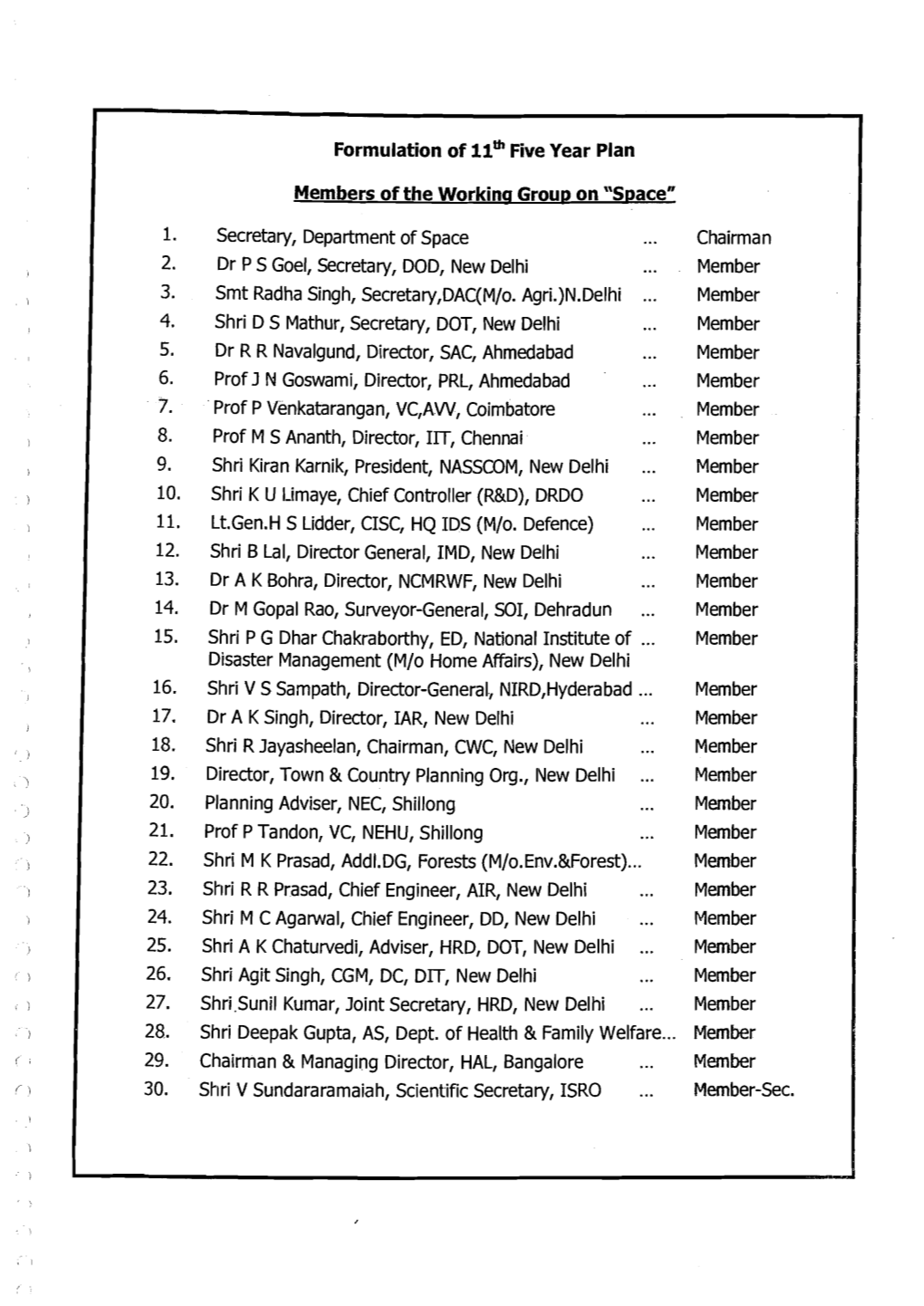 Secretary, Department of Space Dr P S Goel, Secretary, DOD, New